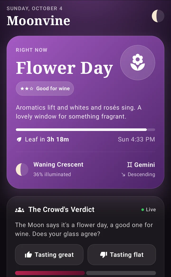 Moonvine app preview showing a Flower Day, the next change and community voting